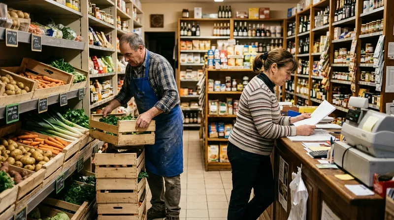 Un couple d'épiciers d'une soixantaine d'années range sa boutique après la fermeture