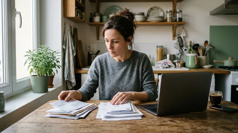 Une femme trie à la table de sa cuisine les attestations de ses deux activités