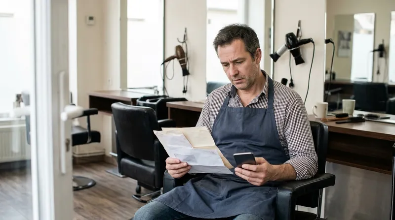 Un coiffeur indépendant lit un courrier dans son salon vide entre deux rendez-vous