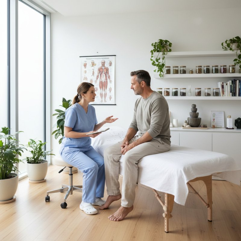 Acupuncteur discutant des options de mutuelle santé TNS avec un expert.