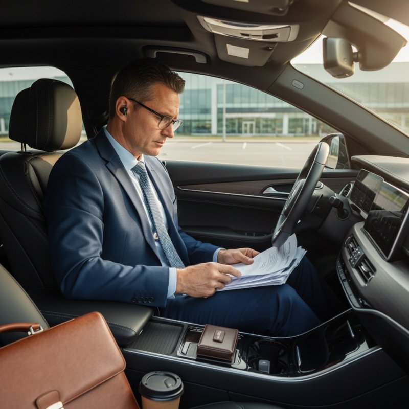 Agent commercial indépendant consultant ses dossiers avant un rendez-vous client.