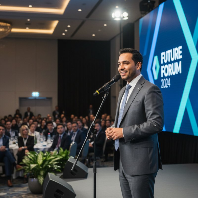 Animateur événementiel professionnel assurant sa prestation lors d'un événement d'entreprise.