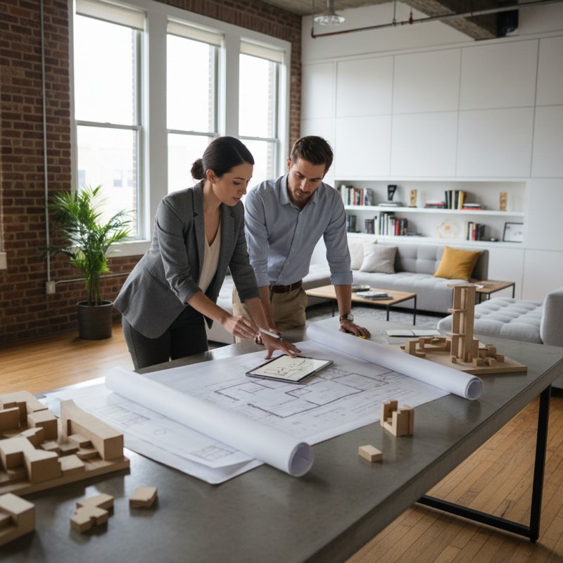 Architecte d'intérieur TNS examinant des plans dans son bureau.