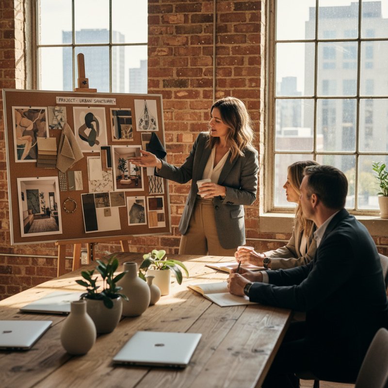 Architecte d'intérieur présentant un projet de décoration à des clients.