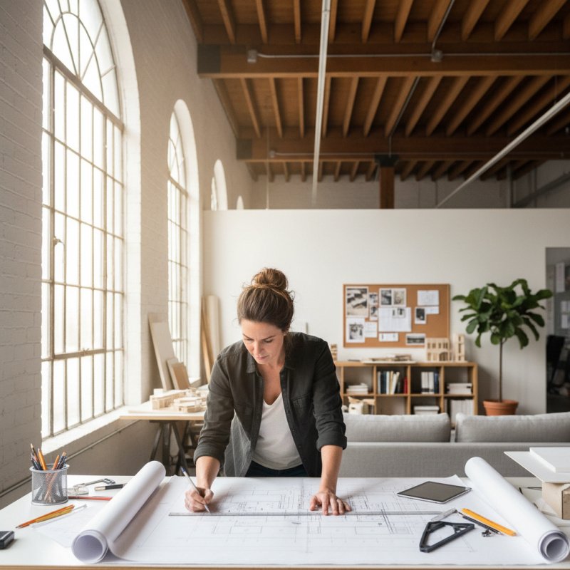 Architecte indépendant examinant des plans dans son bureau, illustrant le besoin d'une mutuelle TNS.