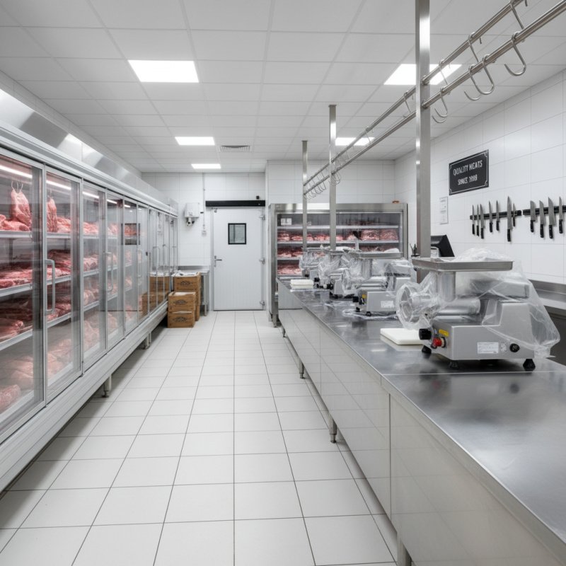 Intérieur d'une boucherie moderne nécessitant une assurance multirisque professionnelle.