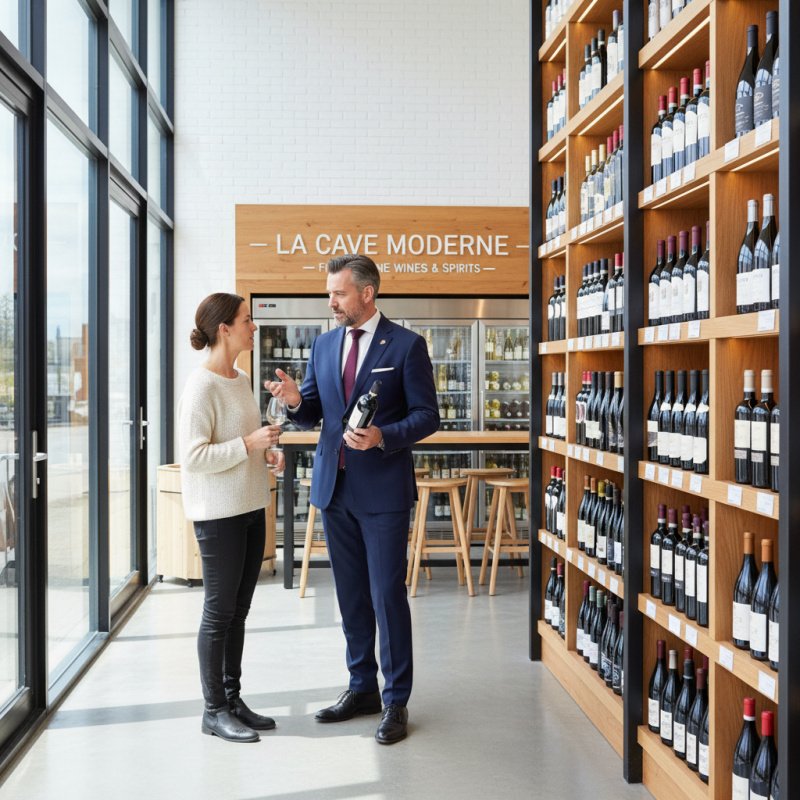 Caviste indépendant conseillant un client sur le choix d'un vin.