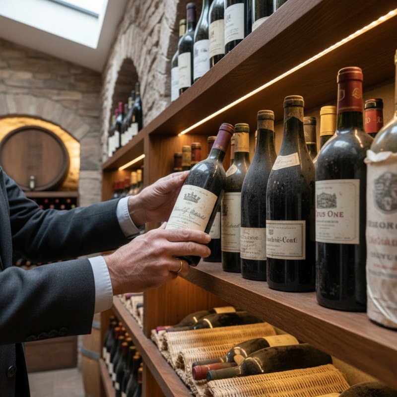 Stock de bouteilles de vin précieux dans la cave d'un caviste.