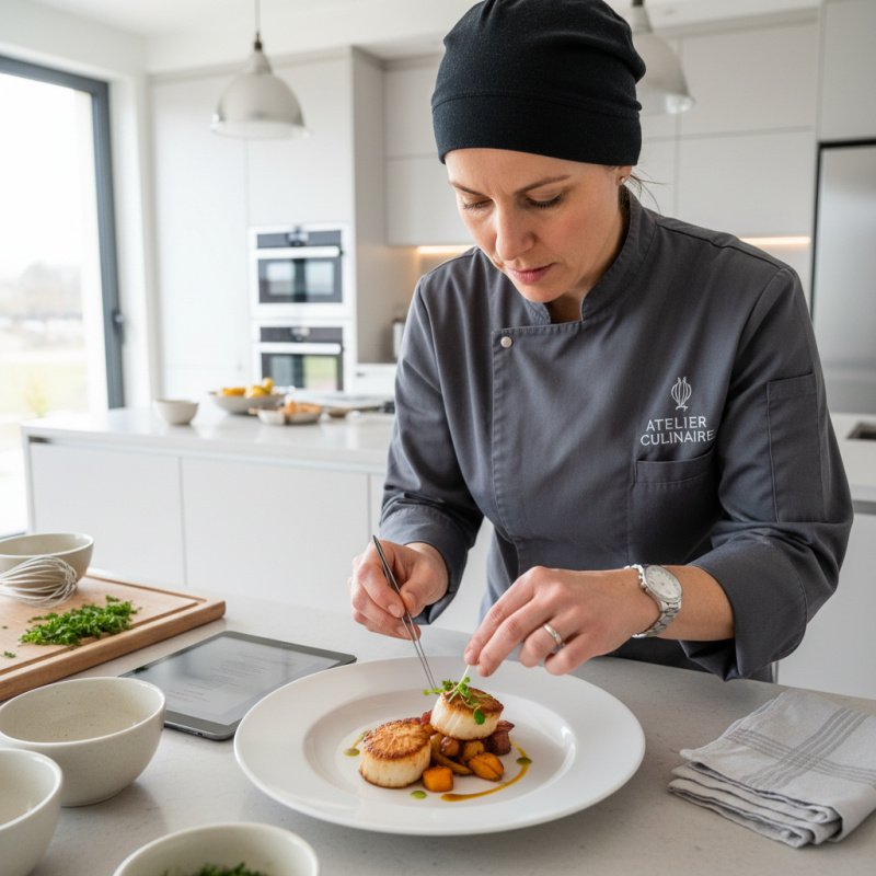 Chef à domicile TNS préparant un plat gastronomique, illustrant le besoin d'une assurance professionnelle.
