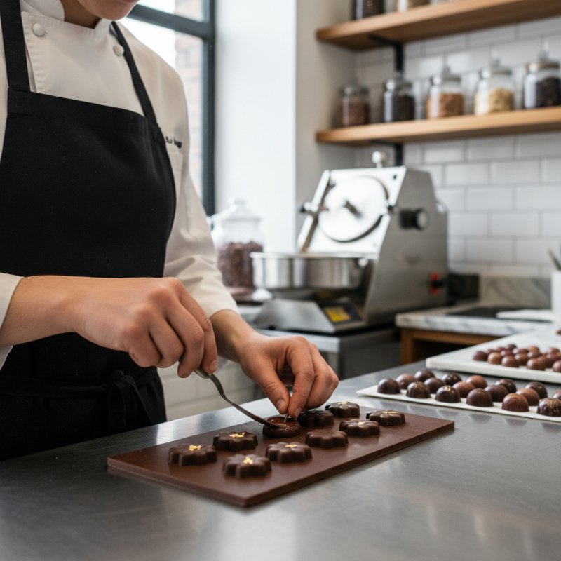 Artisan chocolatier au travail, nécessitant une assurance TNS complète.