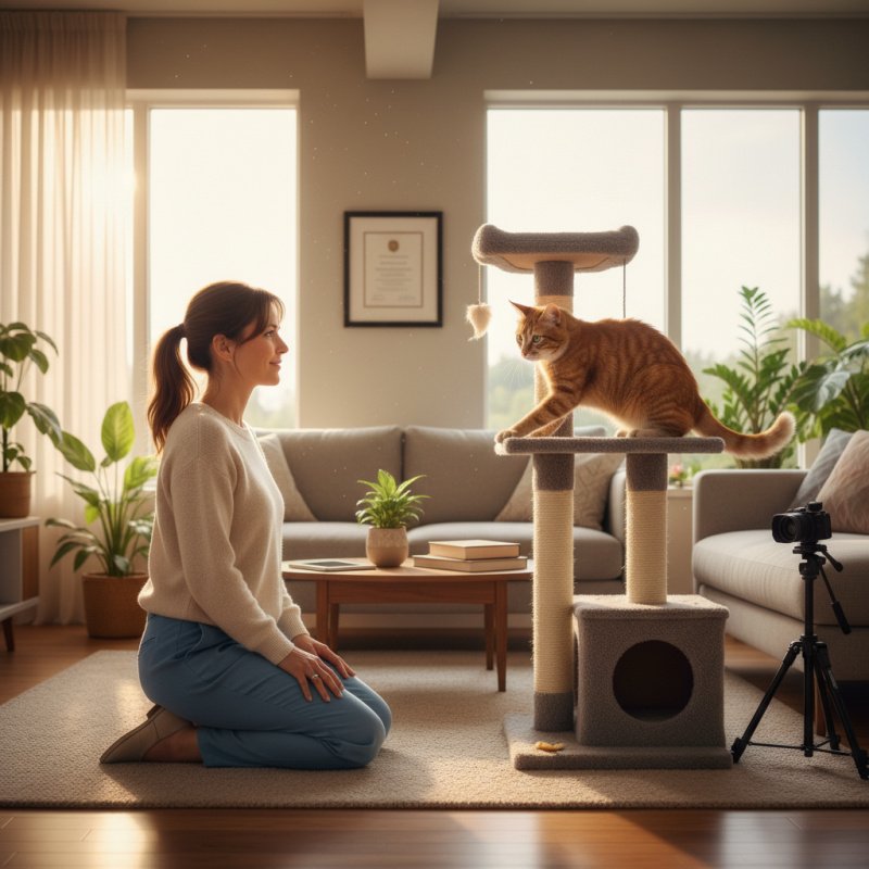 Comportementaliste félin en consultation analysant le comportement d'un chat.