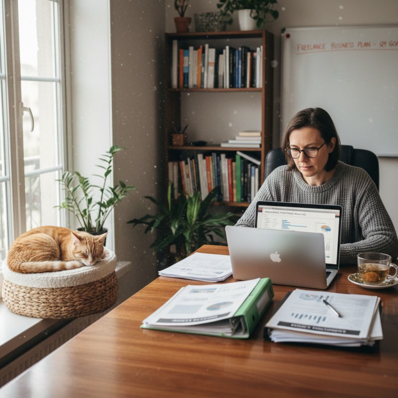 Comportementaliste félin indépendant planifiant sa protection sociale sur son ordinateur.