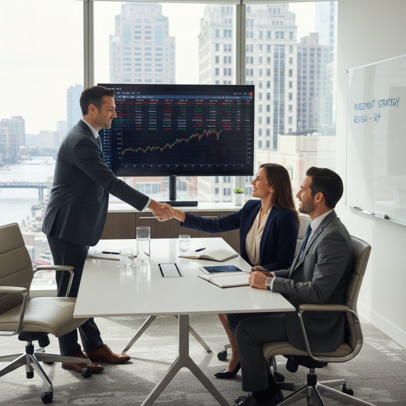 Conseiller en gestion de patrimoine analysant des documents avec ses clients.