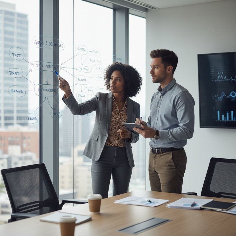 Deux consultants en stratégie en réunion, illustrant l'importance de la prévoyance TNS pour la continuité de l'activité.