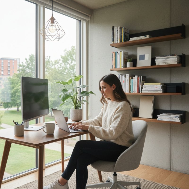 Copywriter freelance travaillant sur son ordinateur, nécessitant une bonne mutuelle TNS.