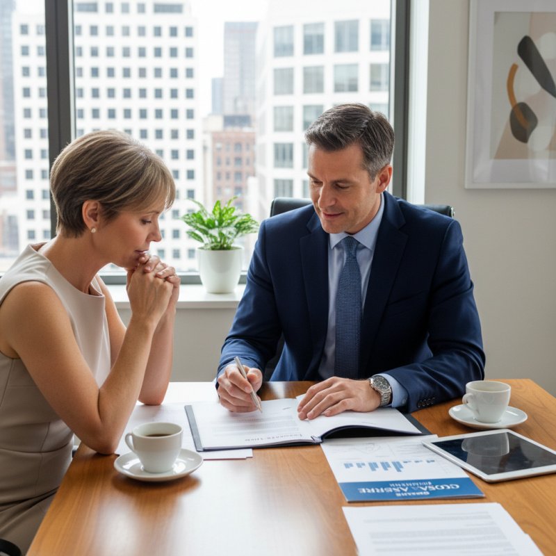 Courtier en assurance TNS discutant d'un contrat avec un client dans son bureau.