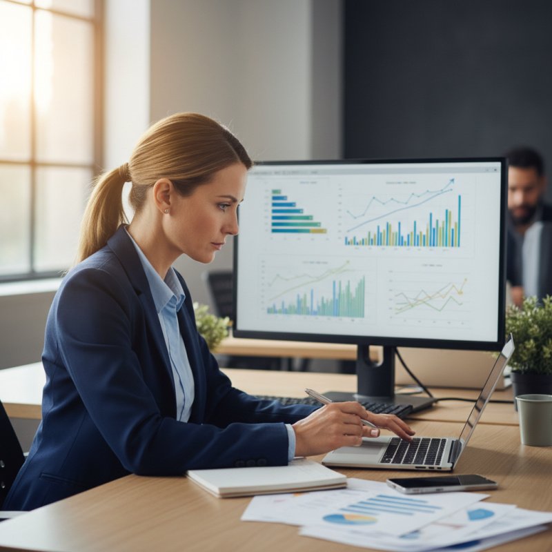 Courtière en assurance TNS analysant des données financières sur son ordinateur.