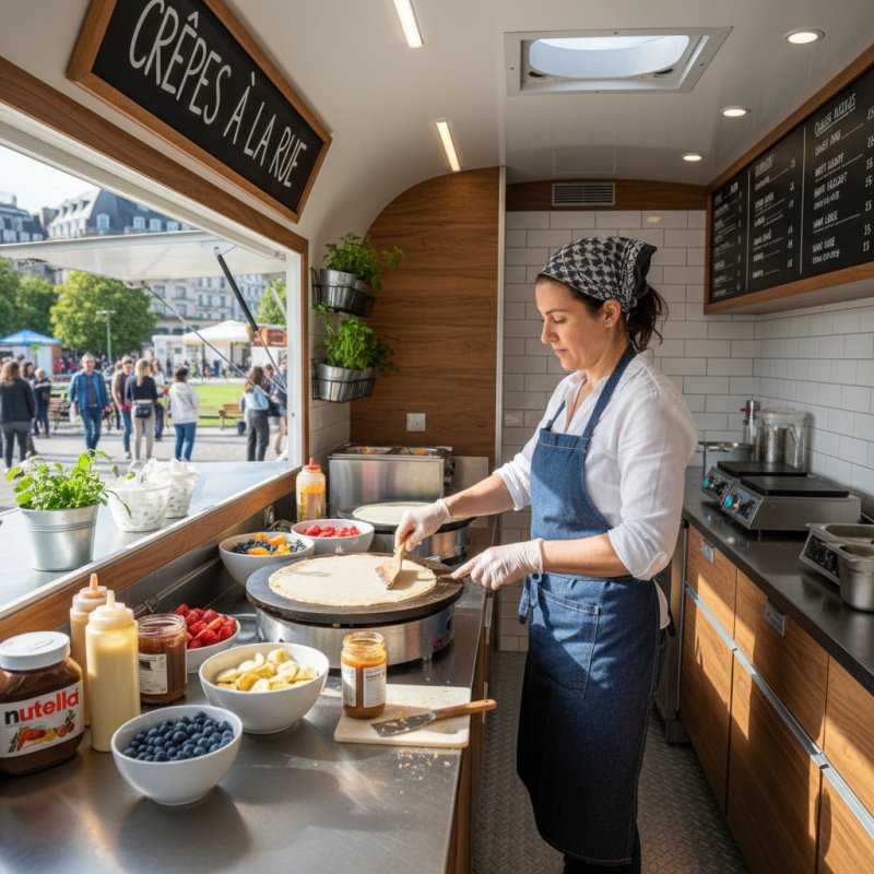 Crêpier indépendant préparant des crêpes dans son food truck.
