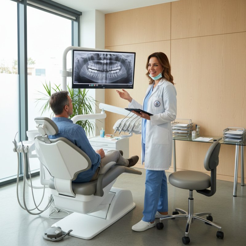 Chirurgien-dentiste libéral discutant d'un plan de traitement avec un patient