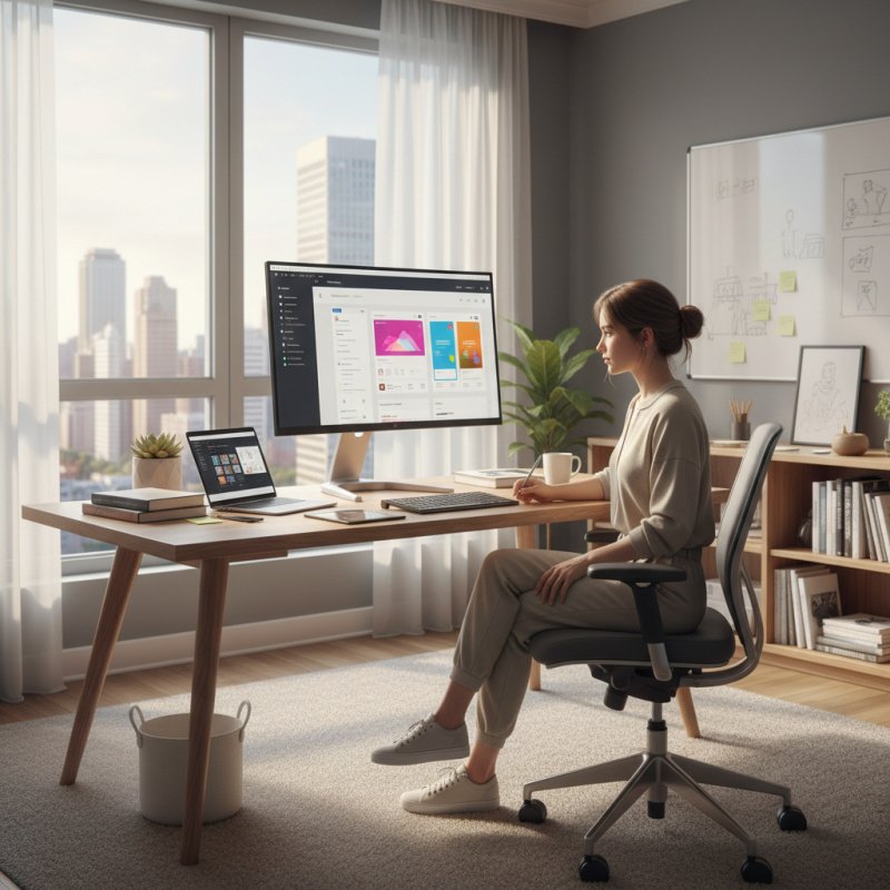 Designer Produit indépendant travaillant sur son ordinateur, couvert par son assurance TNS.