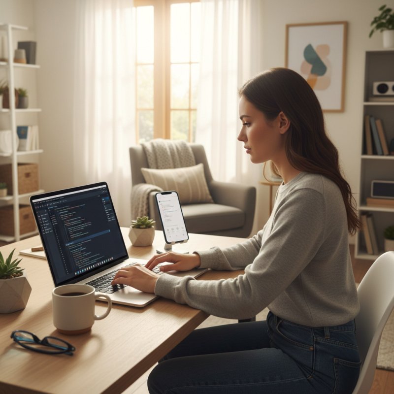 Un développeur mobile indépendant travaillant sur son ordinateur, bien protégé par son assurance TNS.