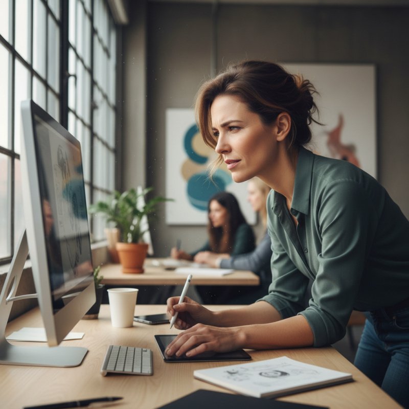 Directeur artistique indépendant concentré sur son travail dans son studio.