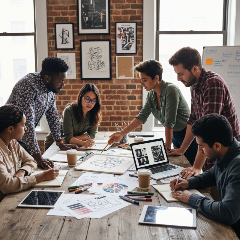 Équipe créative avec un directeur artistique en réunion de travail.