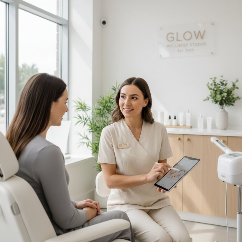 Esthéticienne TNS discutant des options de soins avec une cliente.