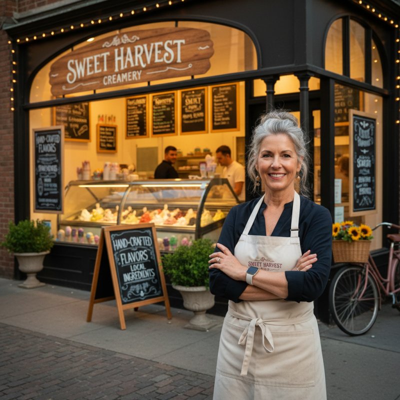 Gérant d'une boutique de glaces artisanales devant sa vitrine.