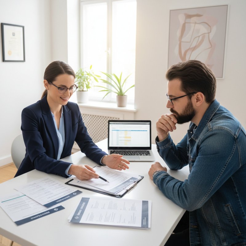 Conseiller en assurance TNS expliquant les garanties à un graphiste freelance.
