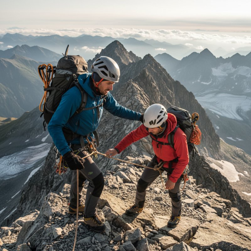 Guide de haute montagne assurant la sécurité de son client en altitude