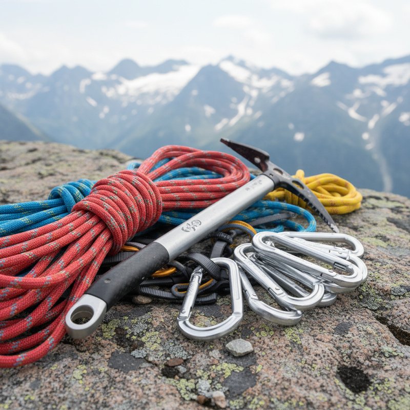 Équipement professionnel de guide de montagne, symbole de la prévoyance et de la sécurité.