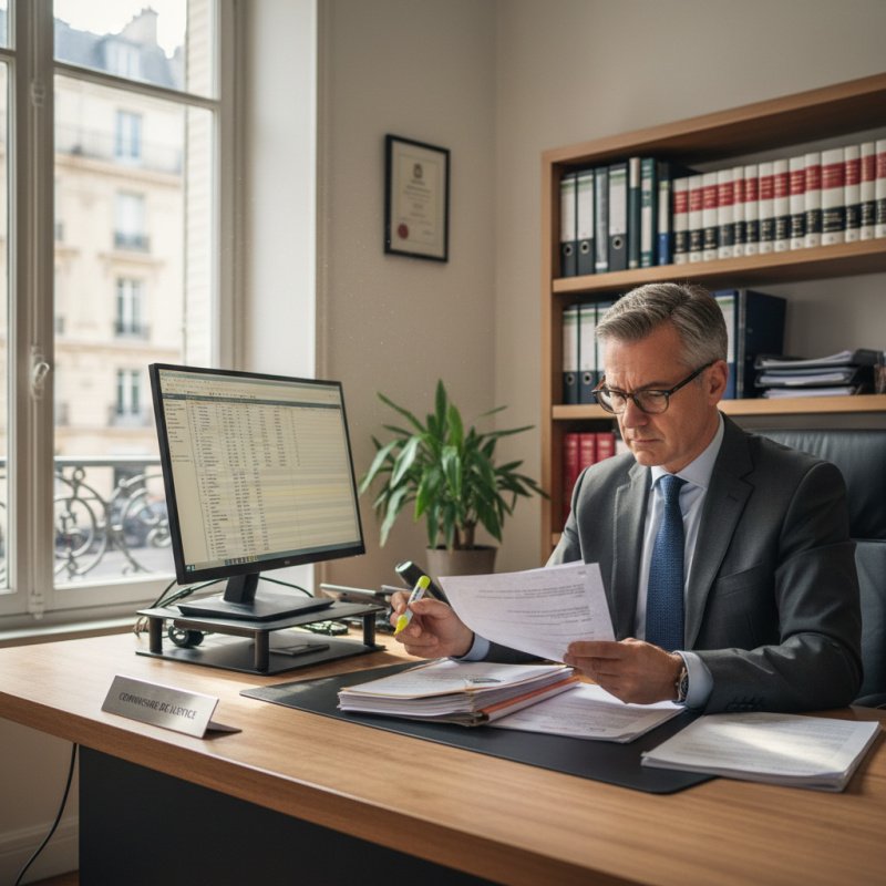 Huissier de Justice examinant des documents dans son bureau, illustrant le besoin d'une protection TNS.