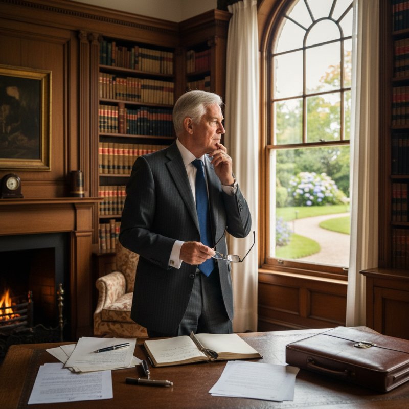 Huissier de Justice senior planifiant sa retraite, soulignant l'importance d'un contrat PER.