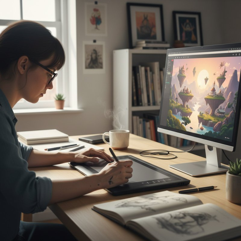 Assurance TNS pour illustrateur freelance travaillant sur sa tablette graphique.