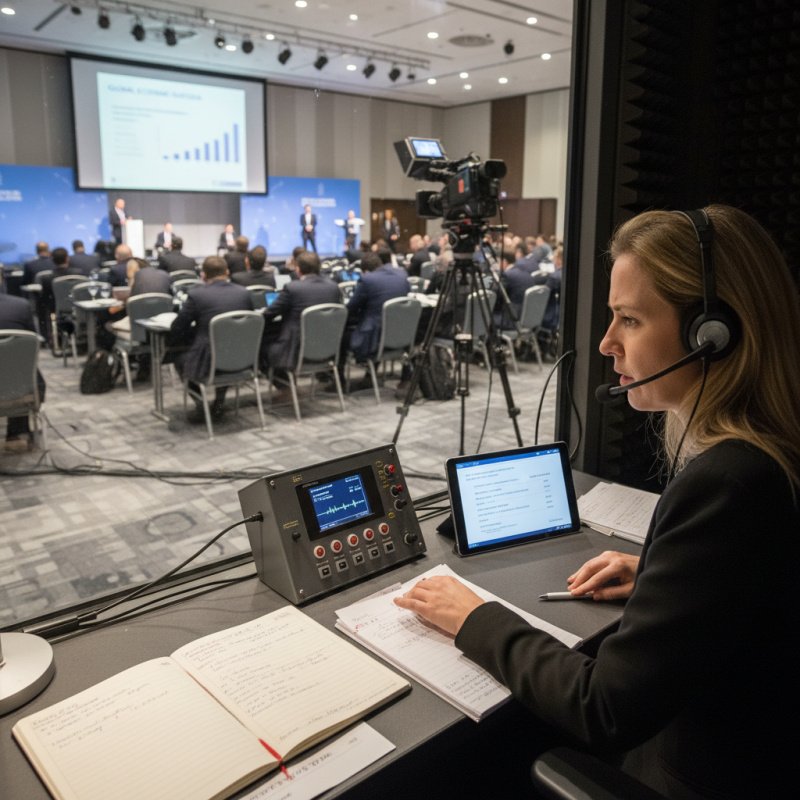 Interprète de conférence TNS dans sa cabine de traduction, un métier exigeant une protection santé adaptée.