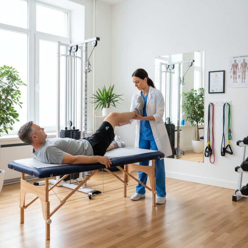 Kinésithérapeute libéral en consultation avec un patient dans son cabinet.