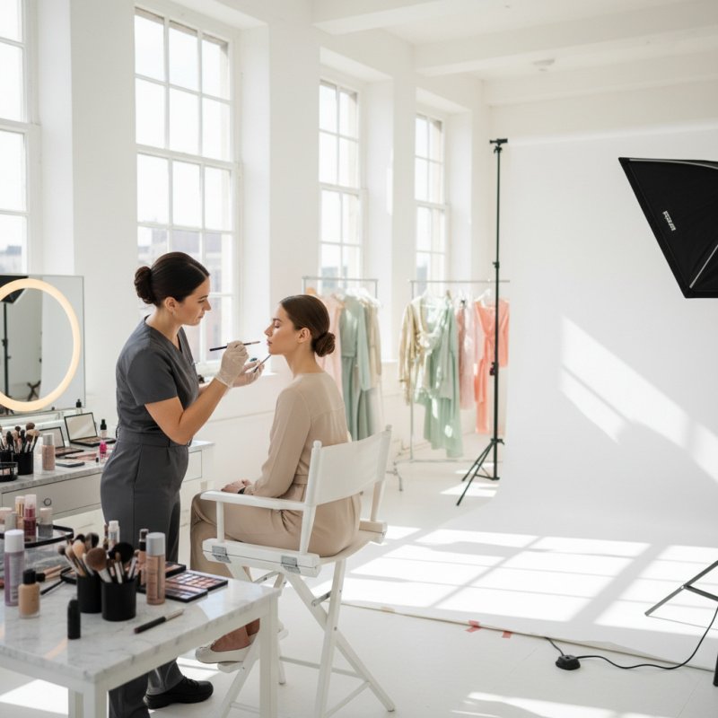 Maquilleur professionnel appliquant du maquillage dans un studio photo.