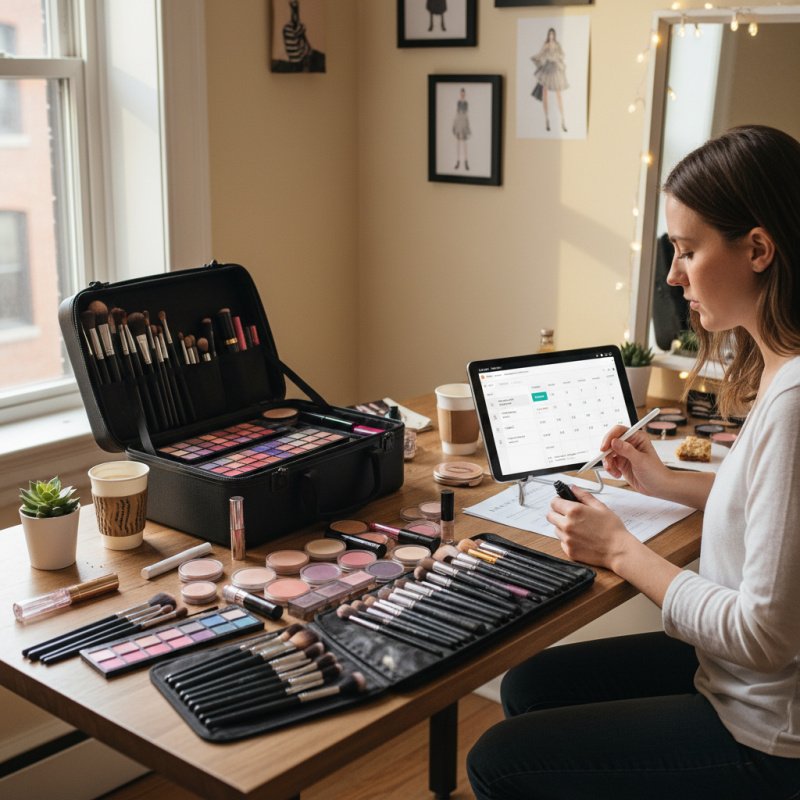 Maquilleur professionnel indépendant gérant son activité sur une tablette.