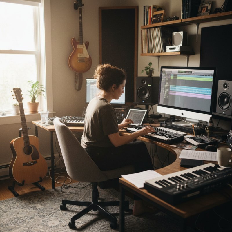 Musicien indépendant composant dans son studio, bien protégé par son assurance TNS.