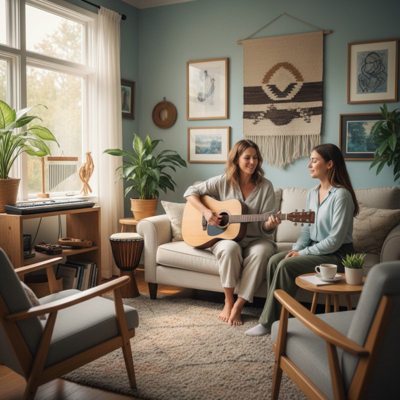 Musicothérapeute en séance utilisant une guitare, illustrant le besoin d'une mutuelle TNS.