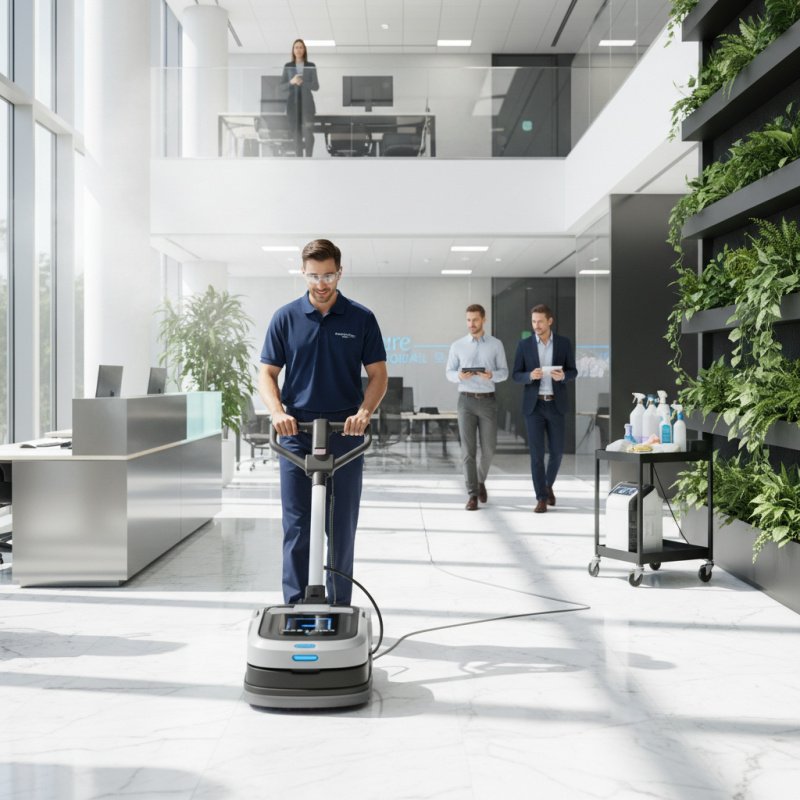 Nettoyeur professionnel TNS utilisant du matériel de nettoyage dans un bureau