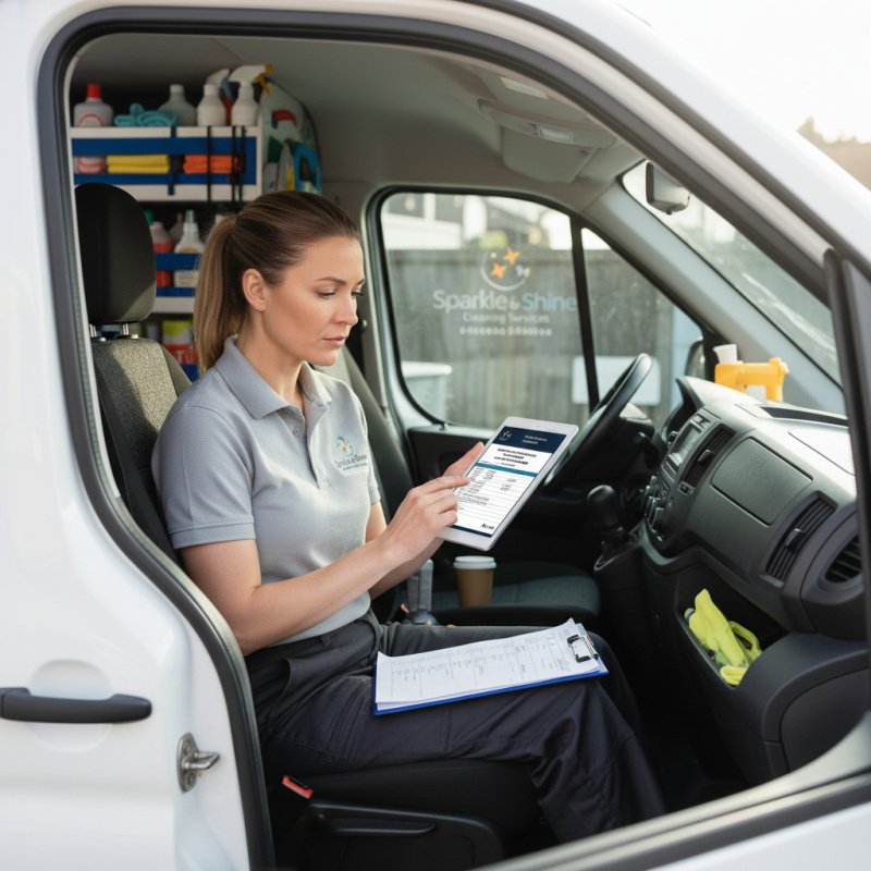 Agent de nettoyage indépendant consultant ses contrats d'assurance TNS sur une tablette