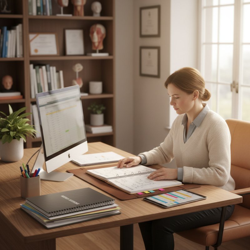 Orthophoniste libéral organisant son travail, soulignant le besoin d'une bonne gestion et protection.