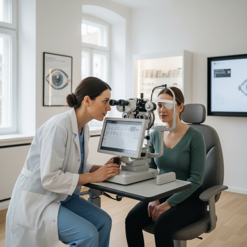 Orthoptiste libéral en consultation examinant la vue d'un patient.