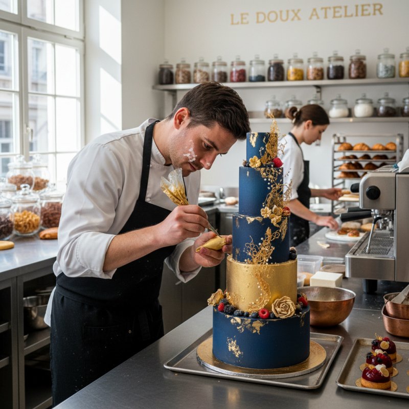 Un pâtissier professionnel décorant un gâteau, illustrant le besoin d'une bonne assurance.