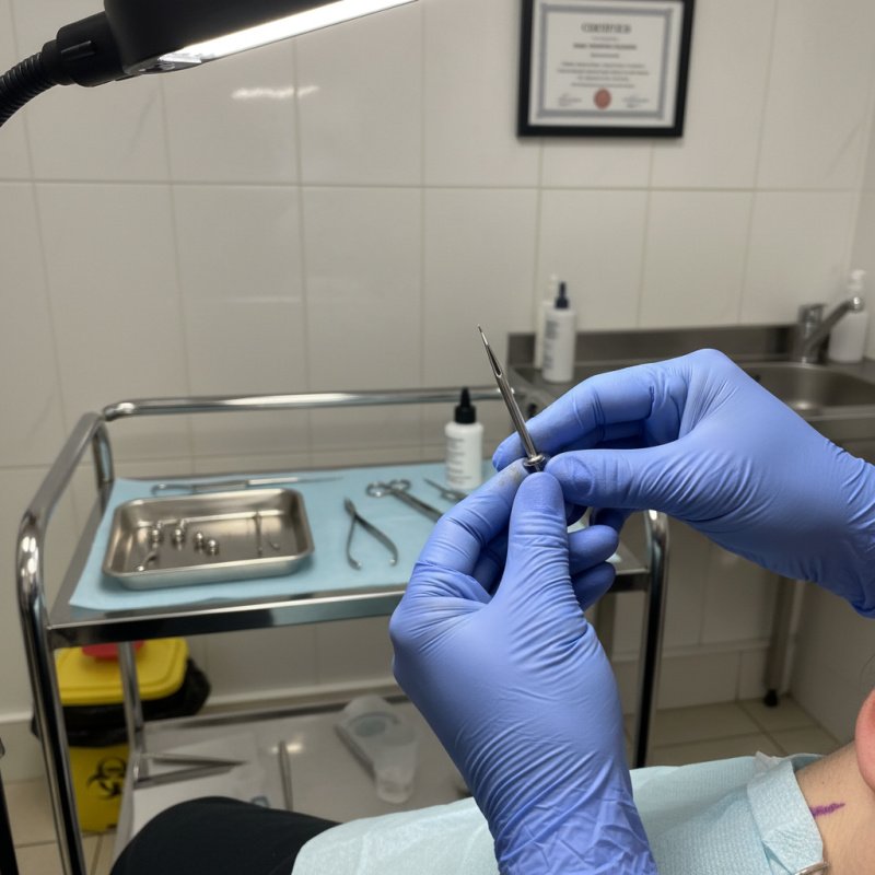 Mains gantées d'un perceur manipulant une aiguille stérile avec précision.