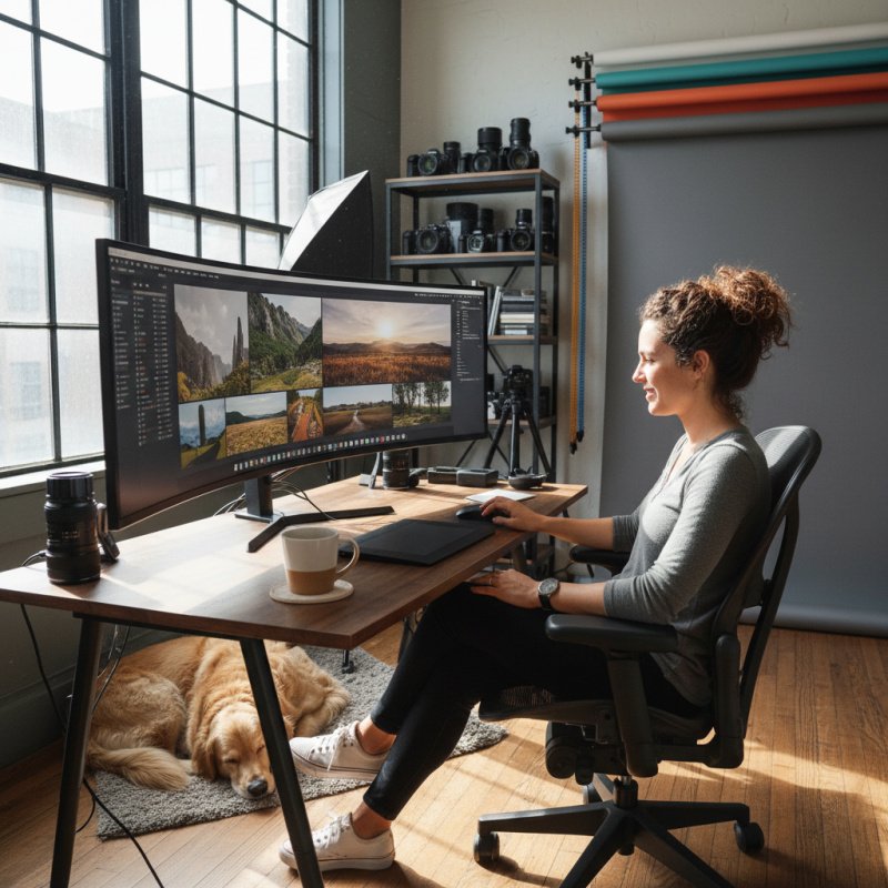 Photographe indépendant choisissant sa mutuelle TNS dans son studio.