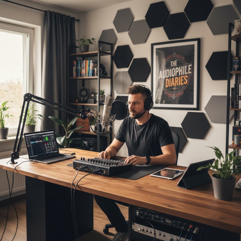 Podcasteur indépendant dans son studio d'enregistrement, protégé par une assurance TNS.