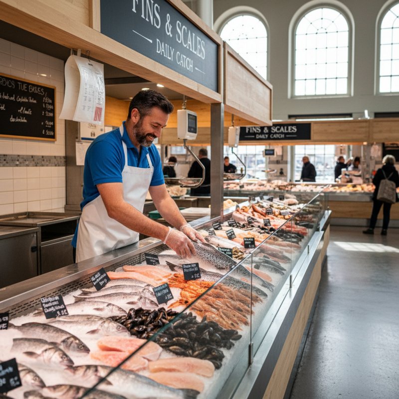 Poissonnier indépendant organisant son étal de poissons frais, protégé par une assurance TNS.